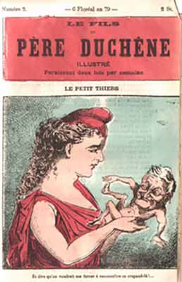 The Paris Commune hold Thiers as a puny new-born baby: “And don’t they want me to acknowledge this little runt!...” Cartoon published in the illustrated magazine Le Fils du père Duchêne issue n°2, “6 Floréal 79” (CC - Wikimedia)