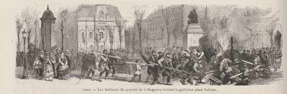 The inhabitants of the Roquette neighbourhood while burning the guillotine on place Voltaire, engraving published in Le Monde illustré 